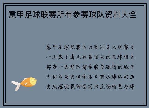 意甲足球联赛所有参赛球队资料大全